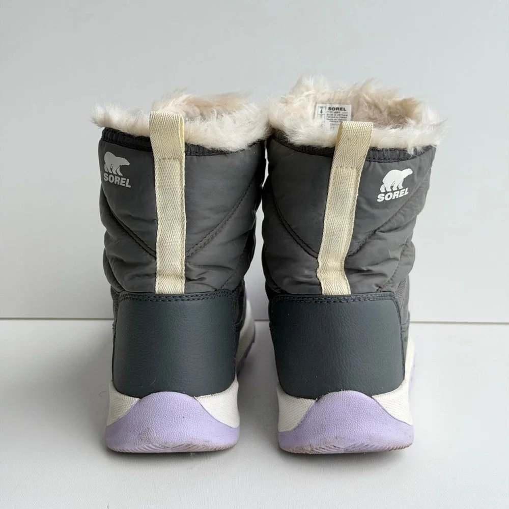 SOREL Whitney II Short Lace Boot Girls size 4 Grey Purple Waterproof Faux Fur